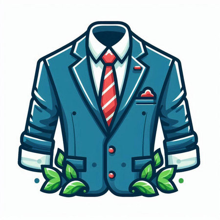 Vector illustration of a blue suit with a tie and green leaves.のイラスト素材