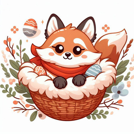 Cute cartoon fox in a basket with Easter eggs. Vector illustration.のイラスト素材