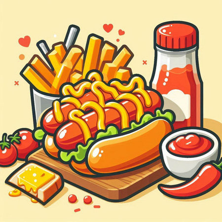 Illustration of a hot dog with french fries and ketchup.のイラスト素材