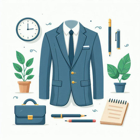 Vector illustration of business suit, briefcase, clock, stationery and plant.のイラスト素材