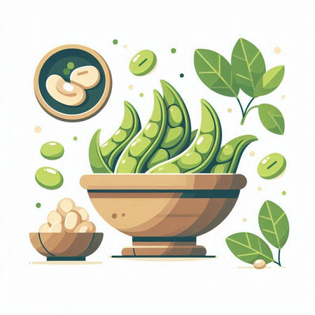 Green soybeans in bowl. Vector illustration in flat cartoon style.のイラスト素材