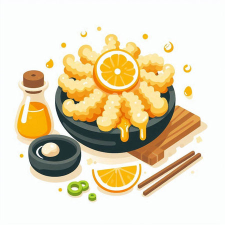 Vector illustration of deep-fried calamari with honey and chopsticksのイラスト素材