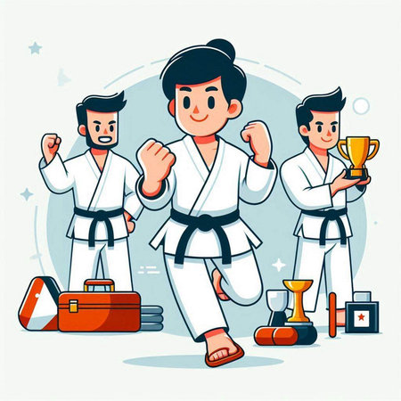 Taekwondo kids cartoon vector illustration. Cartoon karate kids characters.のイラスト素材