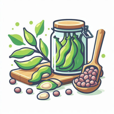 Illustration of a jar of soybeans with wooden spoon and green leavesのイラスト素材