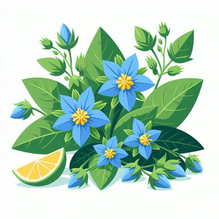 Bouquet of blue flowers and green leaves. Vector illustration.のイラスト素材