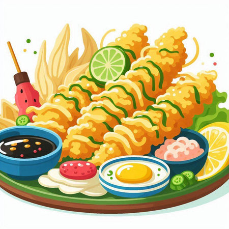 Illustration of Fried Tempura Sushi Served with Sauce and Vegetablesのイラスト素材