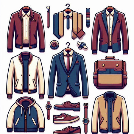 Men's clothing and accessories icons set. Vector illustration in retro styleのイラスト素材