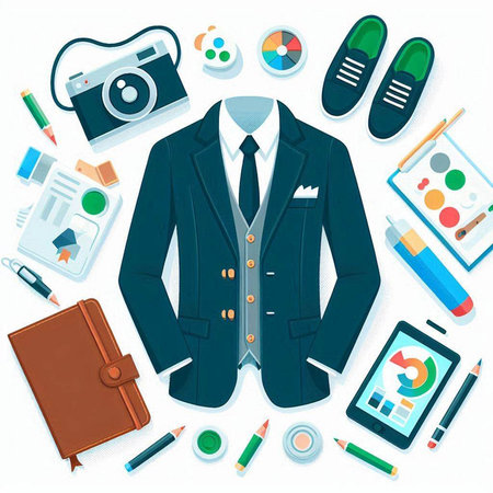 Vector illustration of a business man's suit with various office objects.のイラスト素材