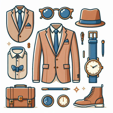 Vector set of men's clothing and accessories. Suit, tie, glasses, hat, watch, briefcase, belt, bow tie, hat, wristwatch, glasses.のイラスト素材