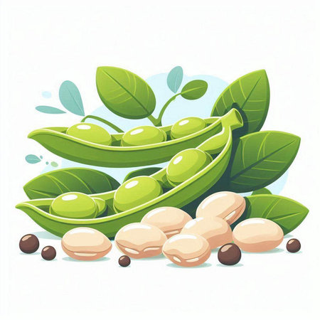 Illustration of green soybeans with leaves on a white background.のイラスト素材
