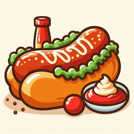 Illustration of a hot dog with mustard, ketchup and mayonnaiseのイラスト素材
