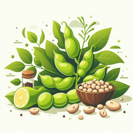 Fresh green soybeans, leaves and seeds in bowl. Vector illustration.のイラスト素材