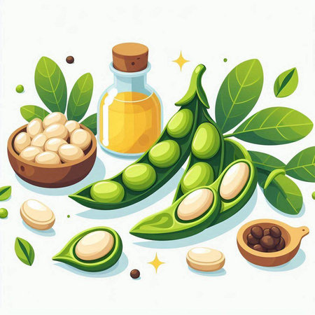 Vector illustration of green soybeans and oil in a glass bottle.のイラスト素材