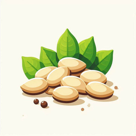 Coffee beans with green leaves on white background. Vector illustration.のイラスト素材