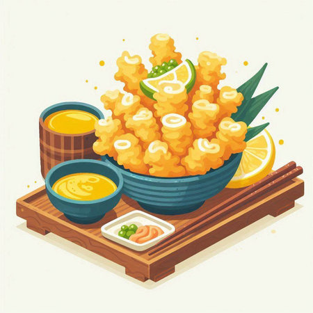 Illustration of Tempura Sushi with Sauce and Sashimiのイラスト素材