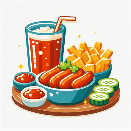 Fried sausages and ketchup in bowl. Vector illustrationのイラスト素材