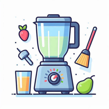 Kitchen appliances. Blender, fruit, juice. Flat style vector illustration.のイラスト素材