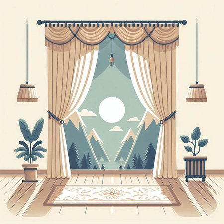 Interior of a room in retro style with curtains. Vector illustrationのイラスト素材