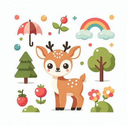 Cute cartoon deer with flower, tree and rainbow. Vector illustration.のイラスト素材