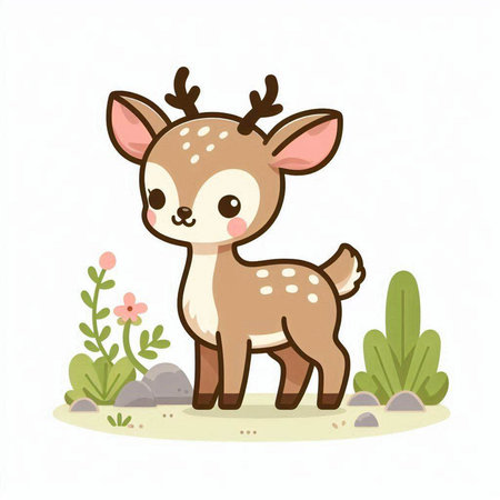 Cute cartoon deer on the grass. Vector illustration in flat style.のイラスト素材