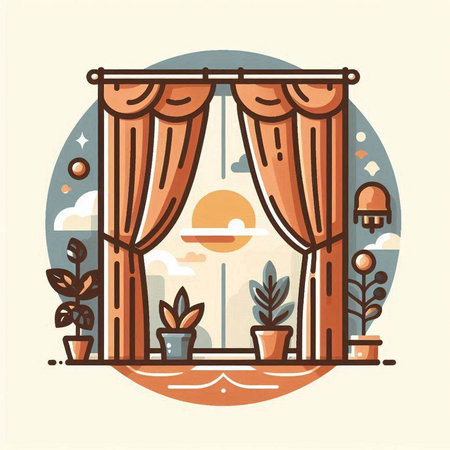 Vector illustration of a window with curtains and plants in pots on the windowsill.のイラスト素材