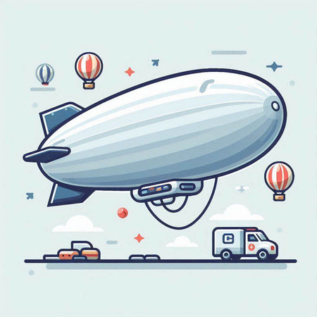 Airship with hot air balloons and cars. Vector cartoon illustration.のイラスト素材