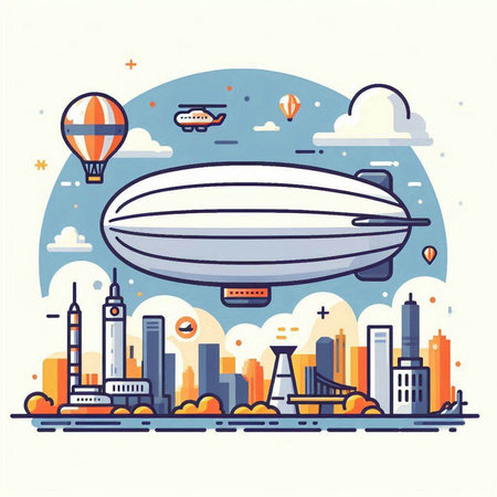Airship in the city. Modern flat style. Vector illustration.のイラスト素材