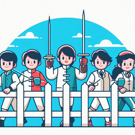 Illustration of a group of people wearing fencing and fencing at a fencingのイラスト素材