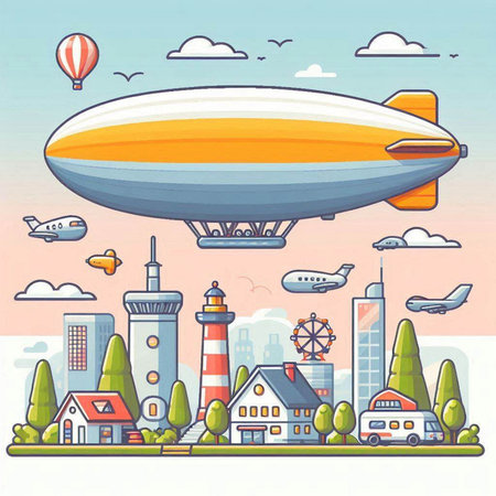 Airship in the city. Colorful vector illustration in cartoon styleのイラスト素材