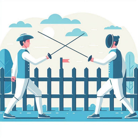 Fencing. Young man and woman in the park. Vector illustrationのイラスト素材