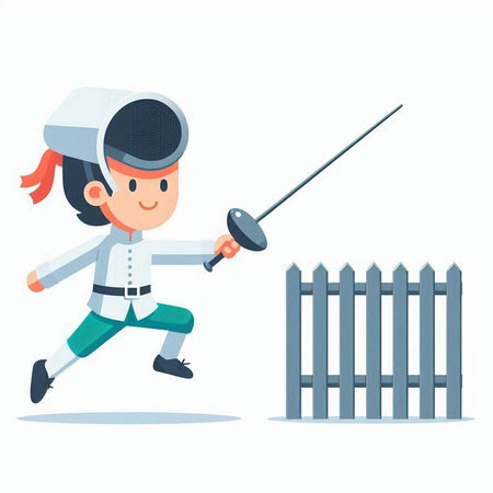 Fencing boy with sword and fence. Vector illustration in cartoon styleのイラスト素材