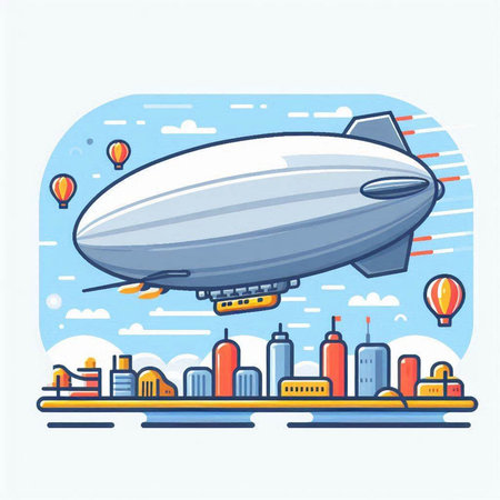 Airship in the city. Vector illustration in flat linear style.のイラスト素材