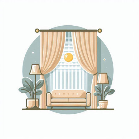 Interior of living room with curtains, sofa and plants. Vector illustrationのイラスト素材