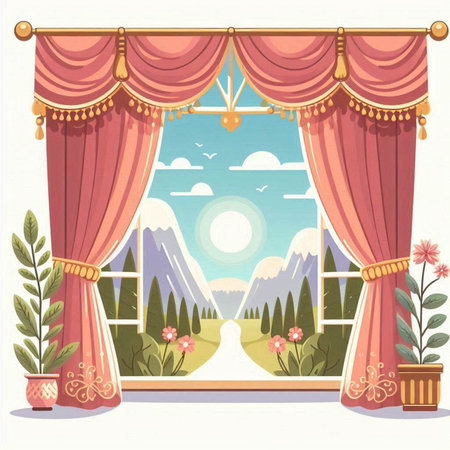 Window with curtains and spring landscape. Vector illustration in retro style.のイラスト素材