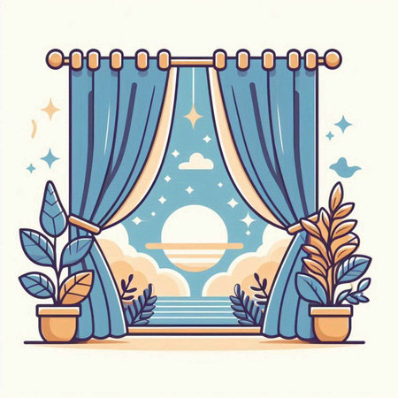 Curtains with curtains and plants. Vector illustration in flat styleのイラスト素材
