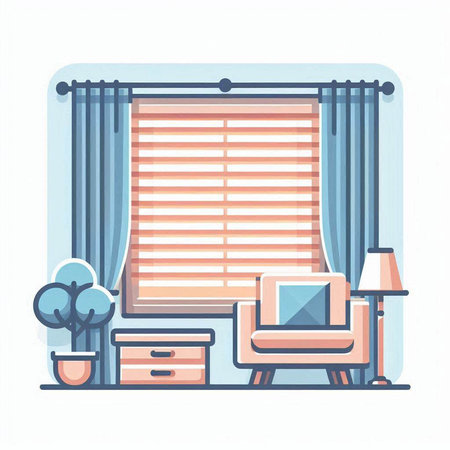 Living room interior with armchair, table and window with curtains. Flat vector illustration.のイラスト素材