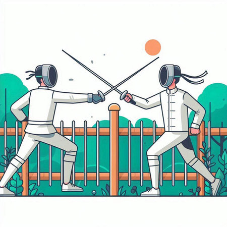 Fencing duel in the park. Vector illustration in a flat styleのイラスト素材