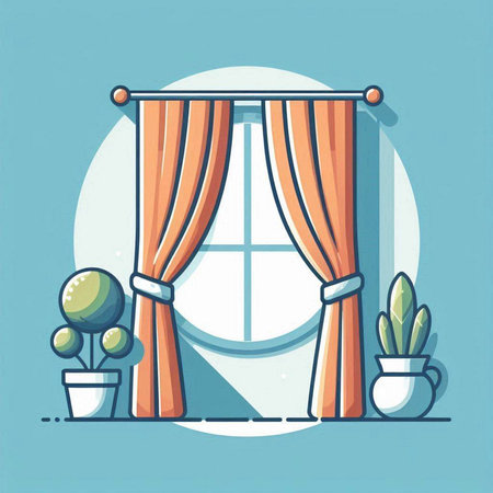Vector illustration of a window with curtains and plants in a flat styleのイラスト素材
