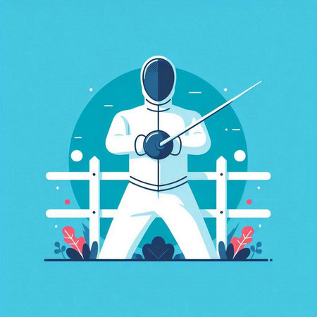 Fencing. Vector illustration in flat design style on a blue background.のイラスト素材