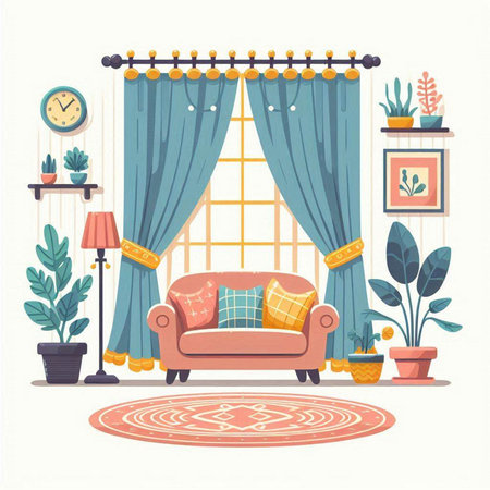 Interior of living room with armchair, curtains and plants. Vector illustration in flat styleのイラスト素材