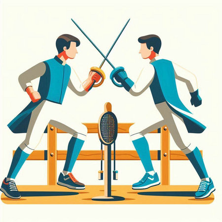 Fencing competition. Two men in sportswear fighting with swords. Vector illustration.のイラスト素材