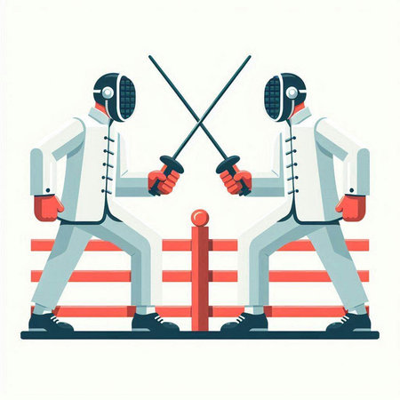 Fencing competition. Two male fencing players with swords in their hands. Vector illustrationのイラスト素材
