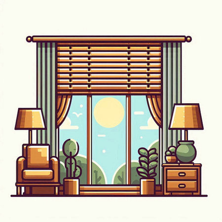 Window with curtains and plants. Vector illustration in flat cartoon style.のイラスト素材