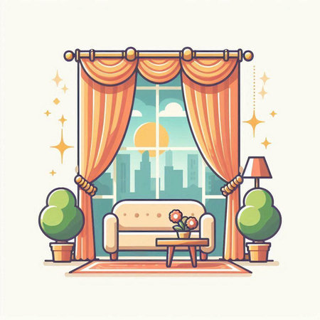 Curtains in the living room. Vector illustration in flat styleのイラスト素材
