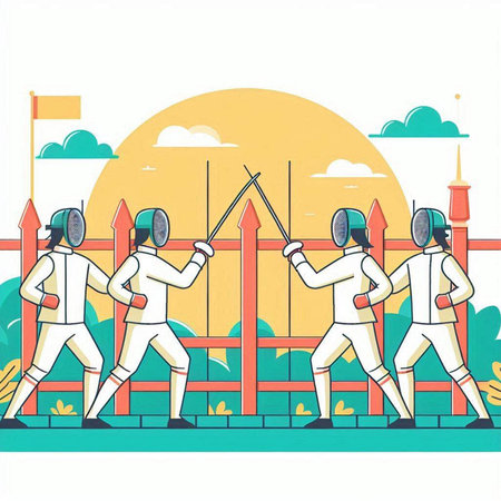 Fencing sport, fencing competition, vector illustration in flat cartoon styleのイラスト素材