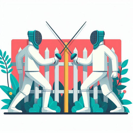 Fencing duel. Fencing competition. Vector illustration, flat styleのイラスト素材