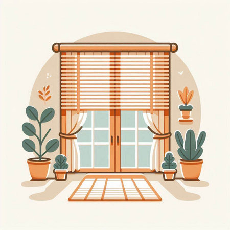 Vector illustration of a window with blinds and plants in pots.のイラスト素材