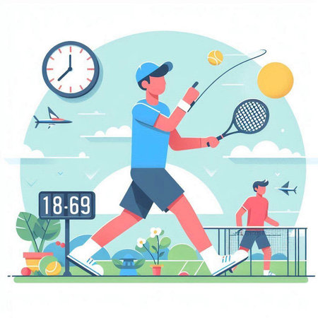 Tennis player. Flat vector illustration. Sportsman playing tennis on court.のイラスト素材