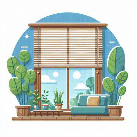 Interior design of modern living room with window and plants. Flat vector illustration.のイラスト素材
