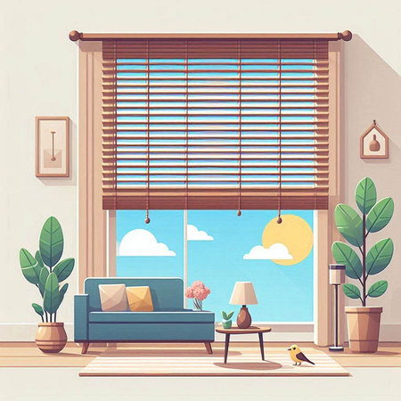 Living room interior with window, sofa and plants. Vector illustration.のイラスト素材